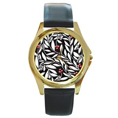 Black, Red, And White Floral Pattern Round Gold Metal Watch