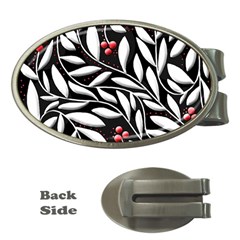 Black, Red, And White Floral Pattern Money Clips (oval)  by Valentinaart