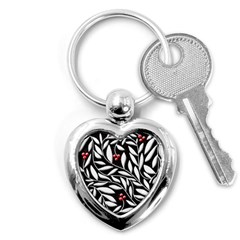 Black, Red, And White Floral Pattern Key Chains (heart)  by Valentinaart