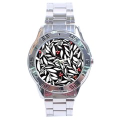 Black, Red, And White Floral Pattern Stainless Steel Analogue Watch by Valentinaart