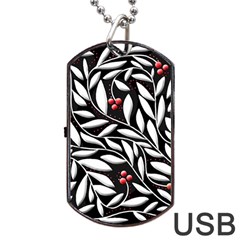 Black, Red, And White Floral Pattern Dog Tag Usb Flash (one Side) by Valentinaart