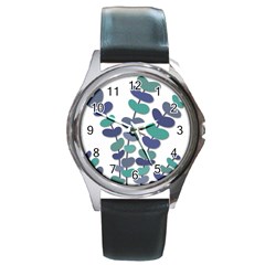 Blue Decorative Plant Round Metal Watch by Valentinaart