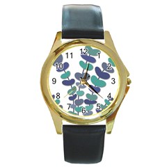 Blue Decorative Plant Round Gold Metal Watch