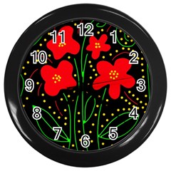 Red Flowers Wall Clocks (black) by Valentinaart