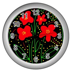 Red Flowers Wall Clocks (silver)  by Valentinaart