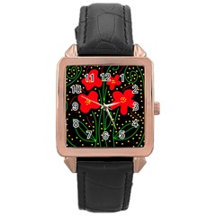 Red Flowers Rose Gold Leather Watch  by Valentinaart