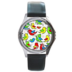 Colorful cute birds pattern Round Metal Watch