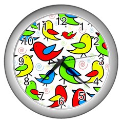 Colorful cute birds pattern Wall Clocks (Silver) 