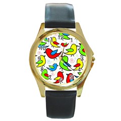 Colorful Cute Birds Pattern Round Gold Metal Watch