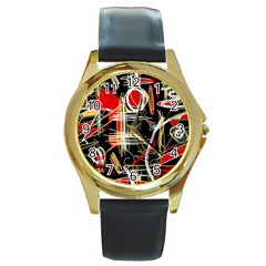 Artistic Abstract Pattern Round Gold Metal Watch