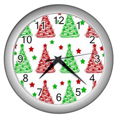 Decorative Christmas Trees Pattern - White Wall Clocks (silver)  by Valentinaart