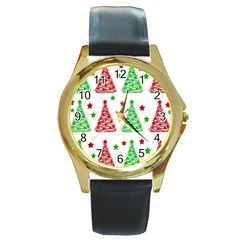 Decorative Christmas Trees Pattern - White Round Gold Metal Watch