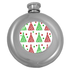 Decorative Christmas Trees Pattern - White Round Hip Flask (5 Oz) by Valentinaart