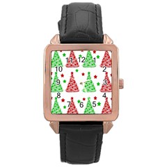 Decorative Christmas Trees Pattern - White Rose Gold Leather Watch  by Valentinaart