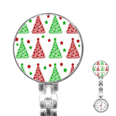 Decorative Christmas Trees Pattern - White Stainless Steel Nurses Watch by Valentinaart