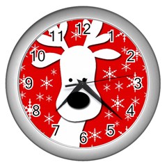 Christmas Reindeer - Red Wall Clocks (silver)  by Valentinaart