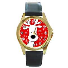 Christmas Reindeer - Red Round Gold Metal Watch