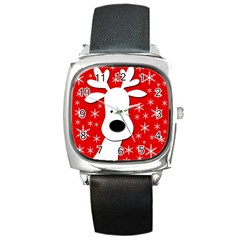 Christmas Reindeer - Red Square Metal Watch by Valentinaart