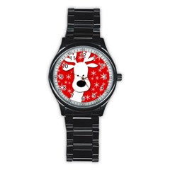 Christmas Reindeer - Red Stainless Steel Round Watch by Valentinaart