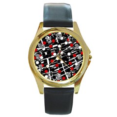 Red And White Dots Round Gold Metal Watch