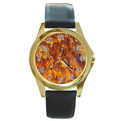 Rusted Metal Surface Round Gold Metal Watch