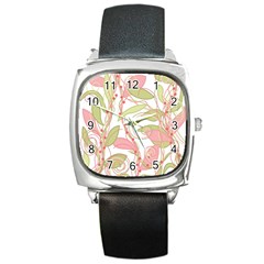 Pink And Ocher Ivy 2 Square Metal Watch by Valentinaart