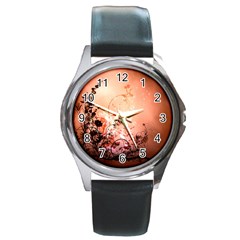 Wonderful Flowers In Soft Colors With Bubbles Round Metal Watch by FantasyWorld7