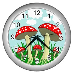 Mushrooms  Wall Clocks (silver)  by Valentinaart