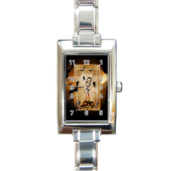 Halloween, Cute Girl With Pumpkin And Spiders Rectangle Italian Charm Watch