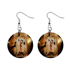 Halloween, Cute Girl With Pumpkin And Spiders Mini Button Earrings