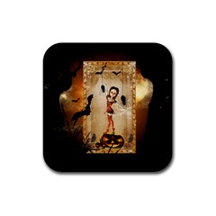 Halloween, Cute Girl With Pumpkin And Spiders Rubber Coaster (square)  by FantasyWorld7