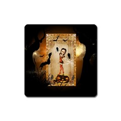 Halloween, Cute Girl With Pumpkin And Spiders Square Magnet by FantasyWorld7