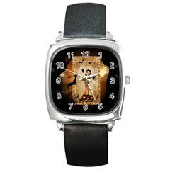 Halloween, Cute Girl With Pumpkin And Spiders Square Metal Watch by FantasyWorld7