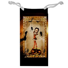 Halloween, Cute Girl With Pumpkin And Spiders Jewelry Bags by FantasyWorld7