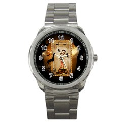 Halloween, Cute Girl With Pumpkin And Spiders Sport Metal Watch by FantasyWorld7