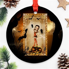 Halloween, Cute Girl With Pumpkin And Spiders Round Ornament (two Sides)  by FantasyWorld7