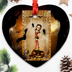 Halloween, Cute Girl With Pumpkin And Spiders Heart Ornament (2 Sides) by FantasyWorld7