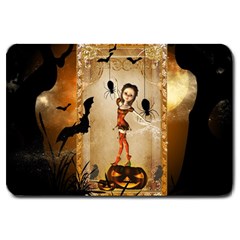 Halloween, Cute Girl With Pumpkin And Spiders Large Doormat  by FantasyWorld7