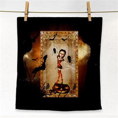 Halloween, Cute Girl With Pumpkin And Spiders Face Towel by FantasyWorld7