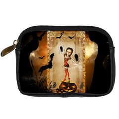 Halloween, Cute Girl With Pumpkin And Spiders Digital Camera Cases