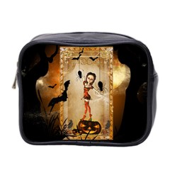 Halloween, Cute Girl With Pumpkin And Spiders Mini Toiletries Bag 2-side