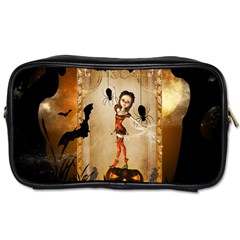 Halloween, Cute Girl With Pumpkin And Spiders Toiletries Bags