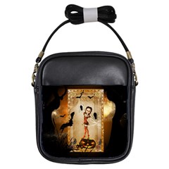 Halloween, Cute Girl With Pumpkin And Spiders Girls Sling Bags