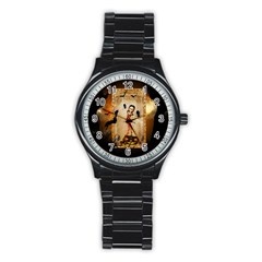 Halloween, Cute Girl With Pumpkin And Spiders Stainless Steel Round Watch