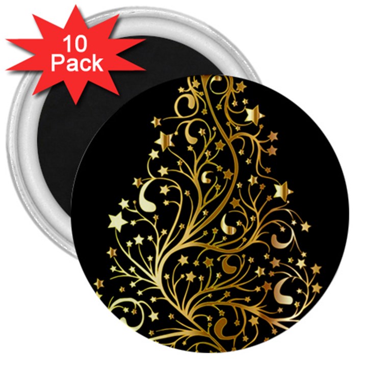 Decorative Starry Christmas Tree Black Gold Elegant Stylish Chic Golden Stars 3  Magnets (10 pack) 