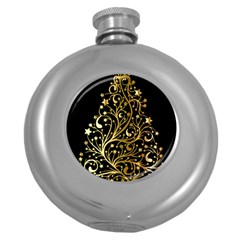 Decorative Starry Christmas Tree Black Gold Elegant Stylish Chic Golden Stars Round Hip Flask (5 Oz) by yoursparklingshop