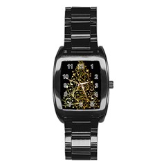 Decorative Starry Christmas Tree Black Gold Elegant Stylish Chic Golden Stars Stainless Steel Barrel Watch by yoursparklingshop