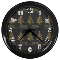 Merry Christmas Tree Typography Black And Gold Festive Wall Clocks (black) by yoursparklingshop