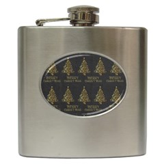 Merry Christmas Tree Typography Black And Gold Festive Hip Flask (6 Oz) by yoursparklingshop