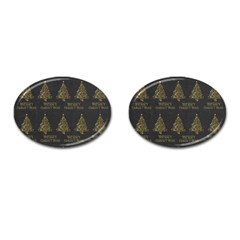 Merry Christmas Tree Typography Black And Gold Festive Cufflinks (oval) by yoursparklingshop